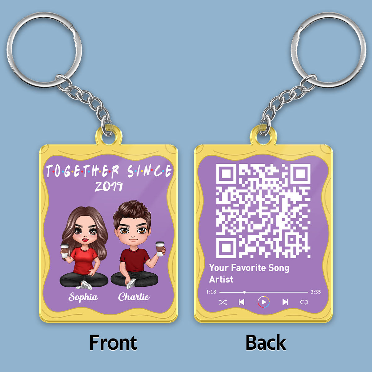 Doll Couple Sitting Purple Yellow Favorite Song Scannable QR Code Personalized Acrylic Keychain