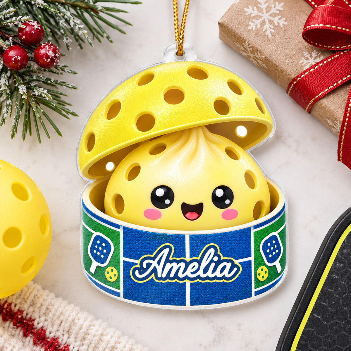 Custom Pickleball Dumpling Squishy Style - Personalized Acrylic Ornament - Christmas Gift for Son, Daughter, Grandkids