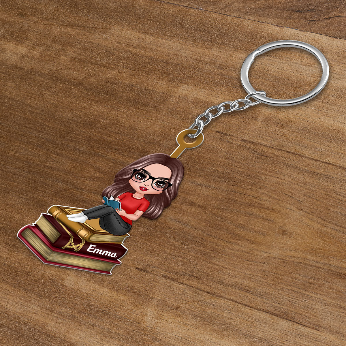 Reading Girls Sitting On Books Personalized Acrylic Keychain - Gift For Book Lover