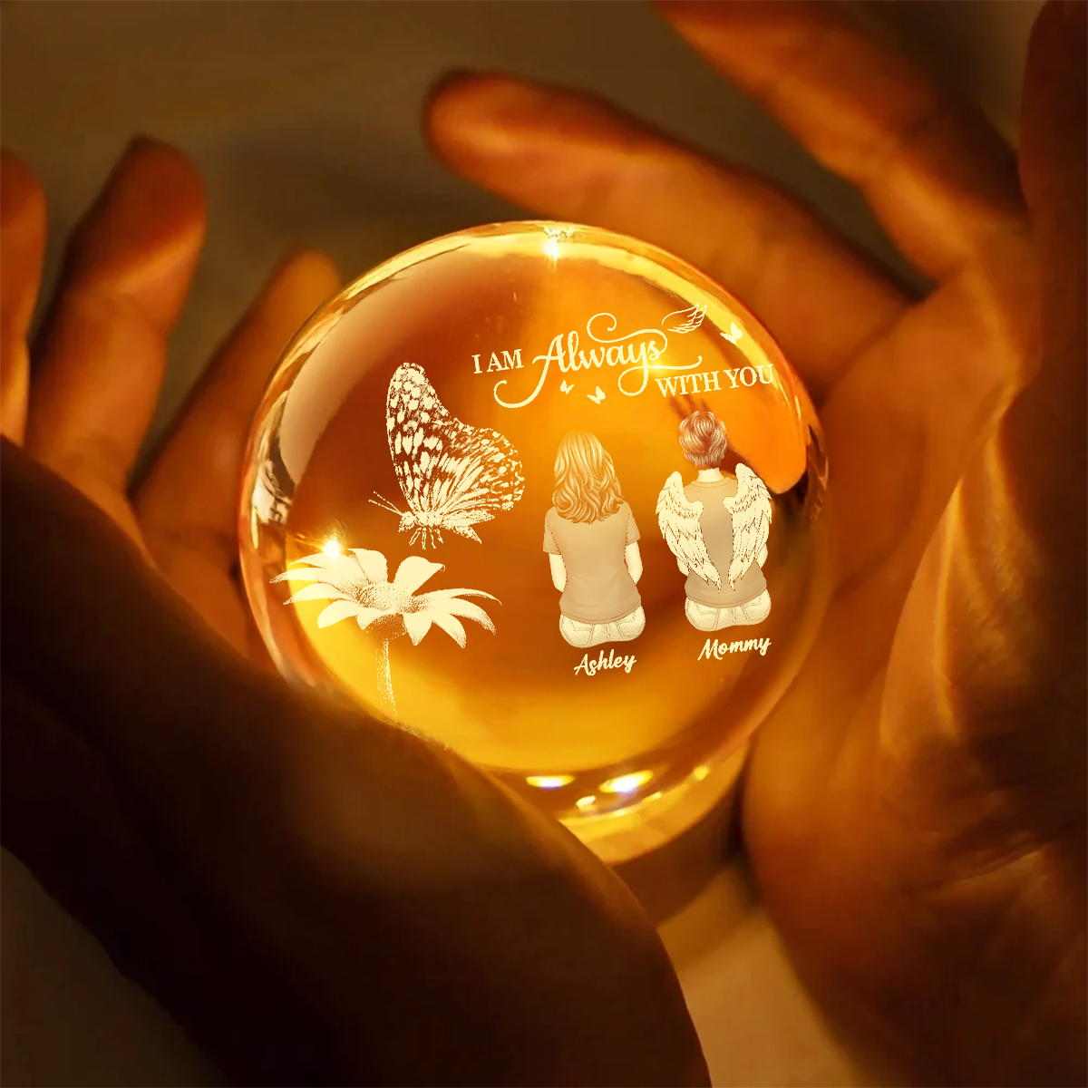 Always With You Family Back View Butterfly On Daisy - Personalized Crystal Ball LED Night Light - Memorial Remembrance Keepsake