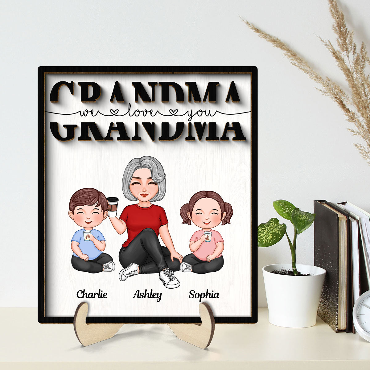 Grandma Mom Auntie Kids Sitting We Love You Mother‘s Day Gift Personalized 2-Layer Wooden Plaque