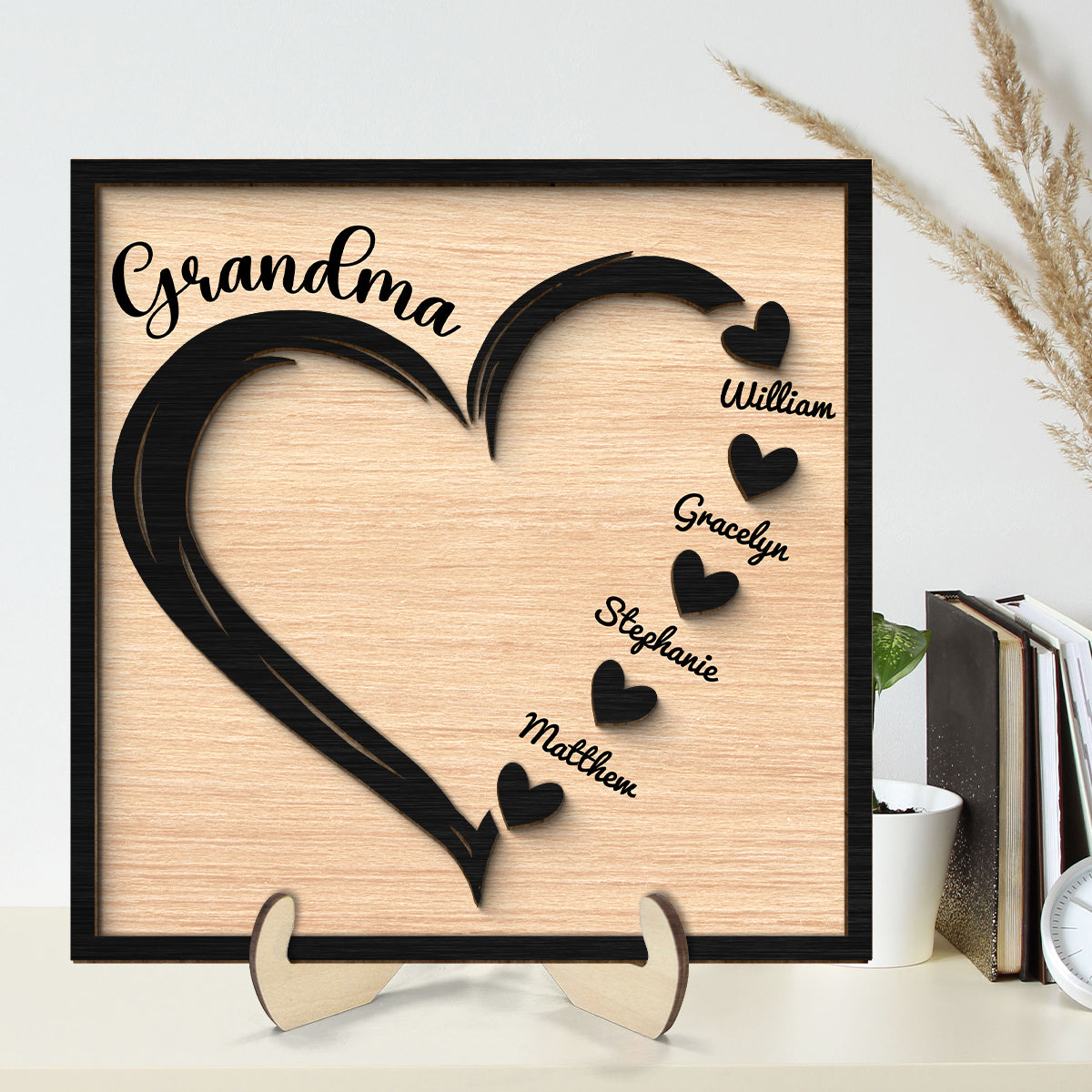 Grandma Mom Hearts With Kids Names Personalized 2-layer Wooden Plaque