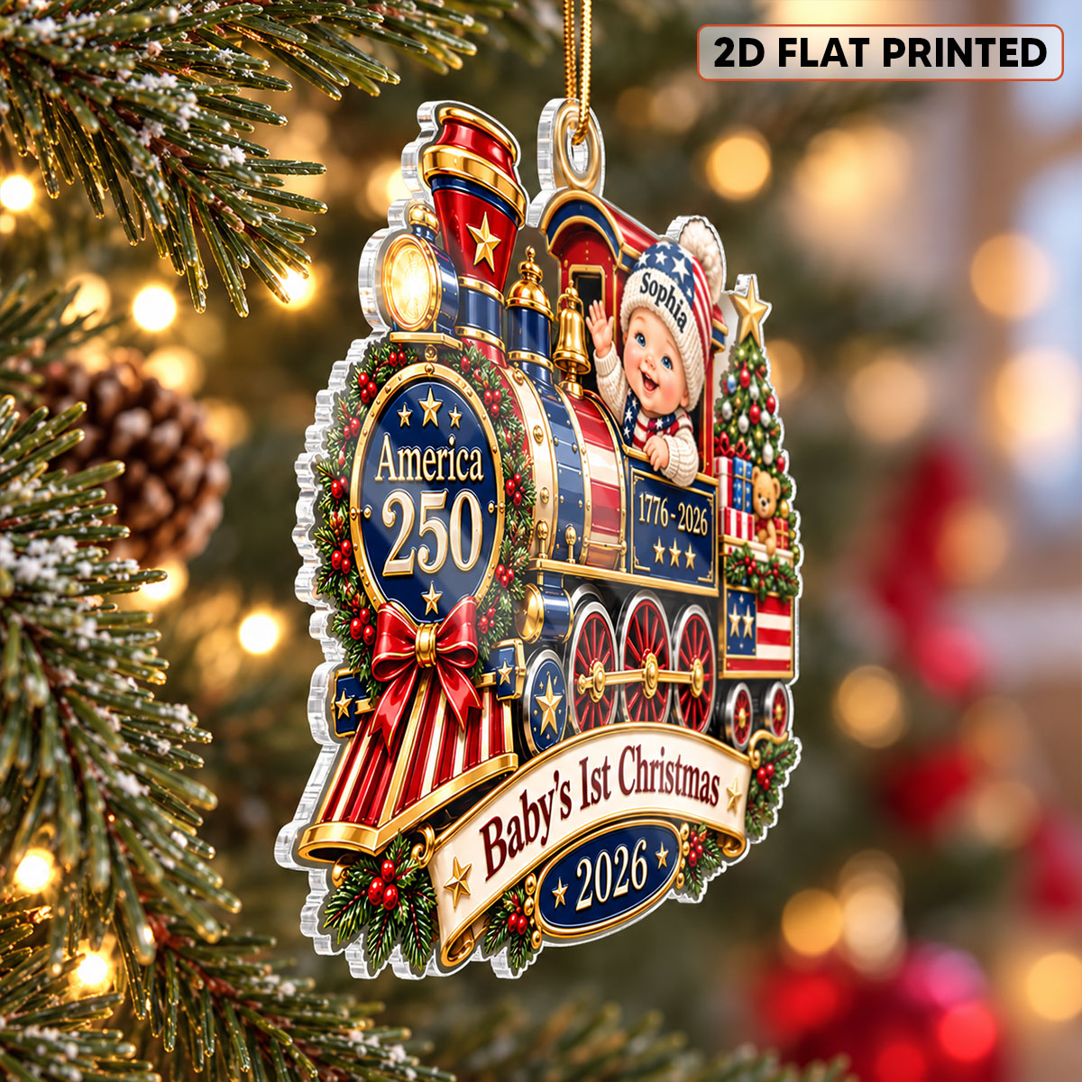 Baby On Train Baby's First Christmas 2D Flat - Personalized Acrylic Ornament - 250th America 1776 - 2026 Anniversary, Patriotic Christmas Decor, Gifts for New Parents