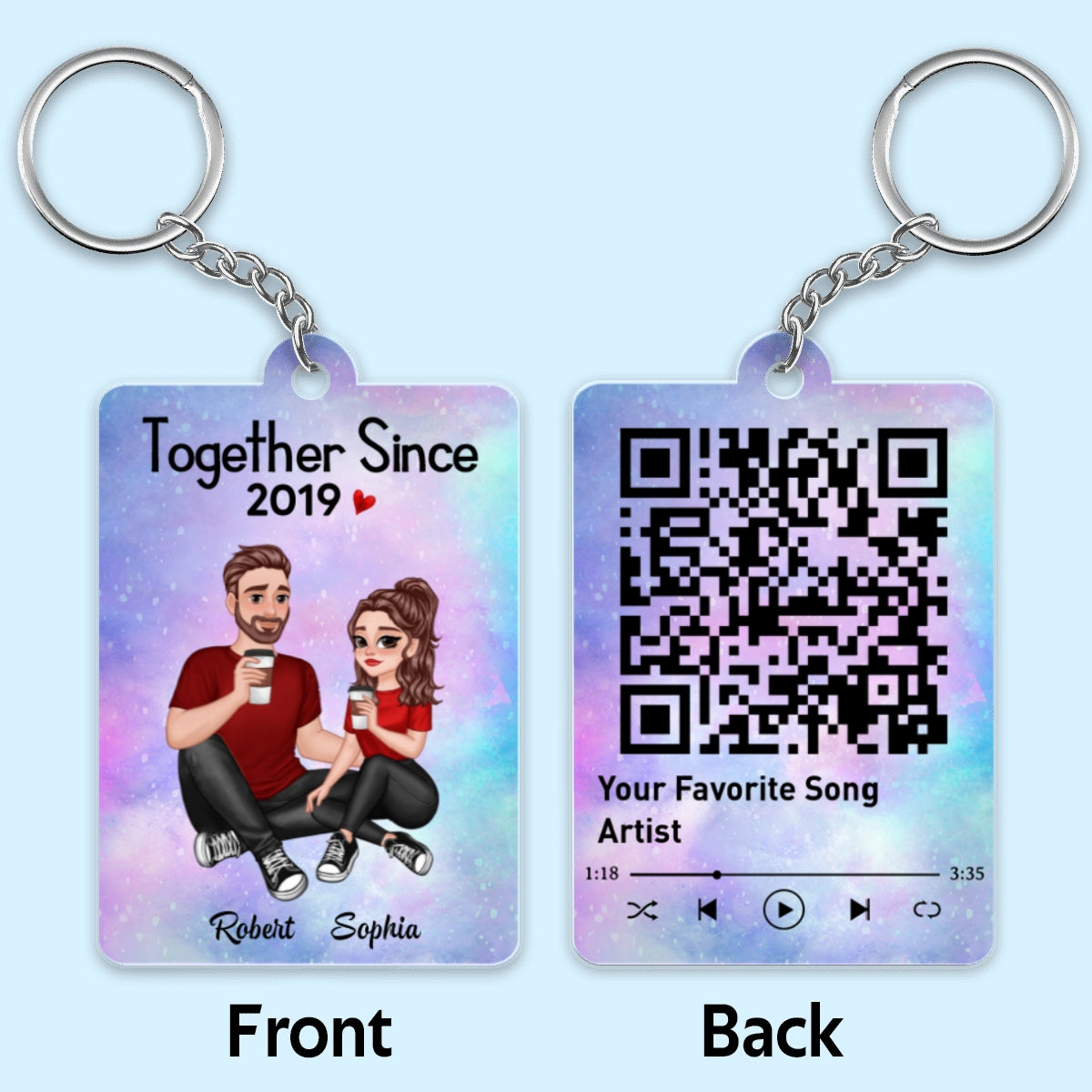 Cartoon Couple Sitting Together Since Favorite Song Scannable QR Code Personalized Acrylic Keychain