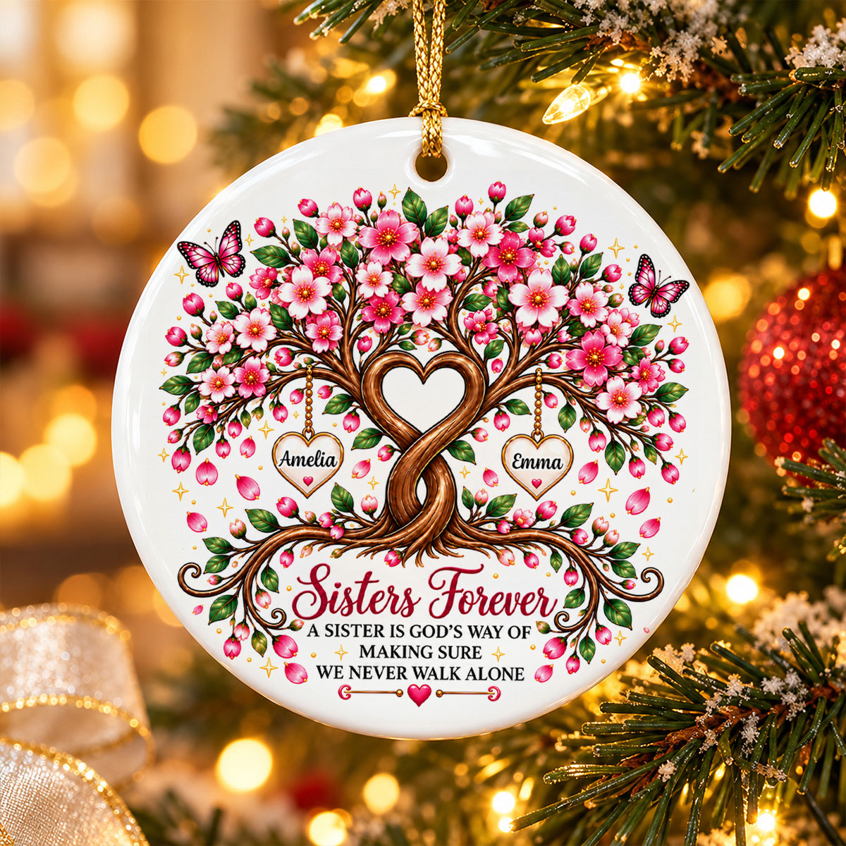 Sisters Forever Heart Tree - Personalized Ceramic Ornament - Christmas Gift for Sisters, Siblings