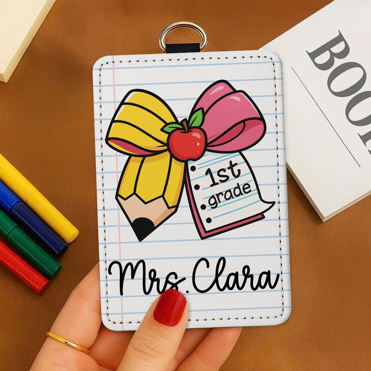 Pencil Coquette Bow Teacher Name Personalized ID Badge Holder, Back To School Gift