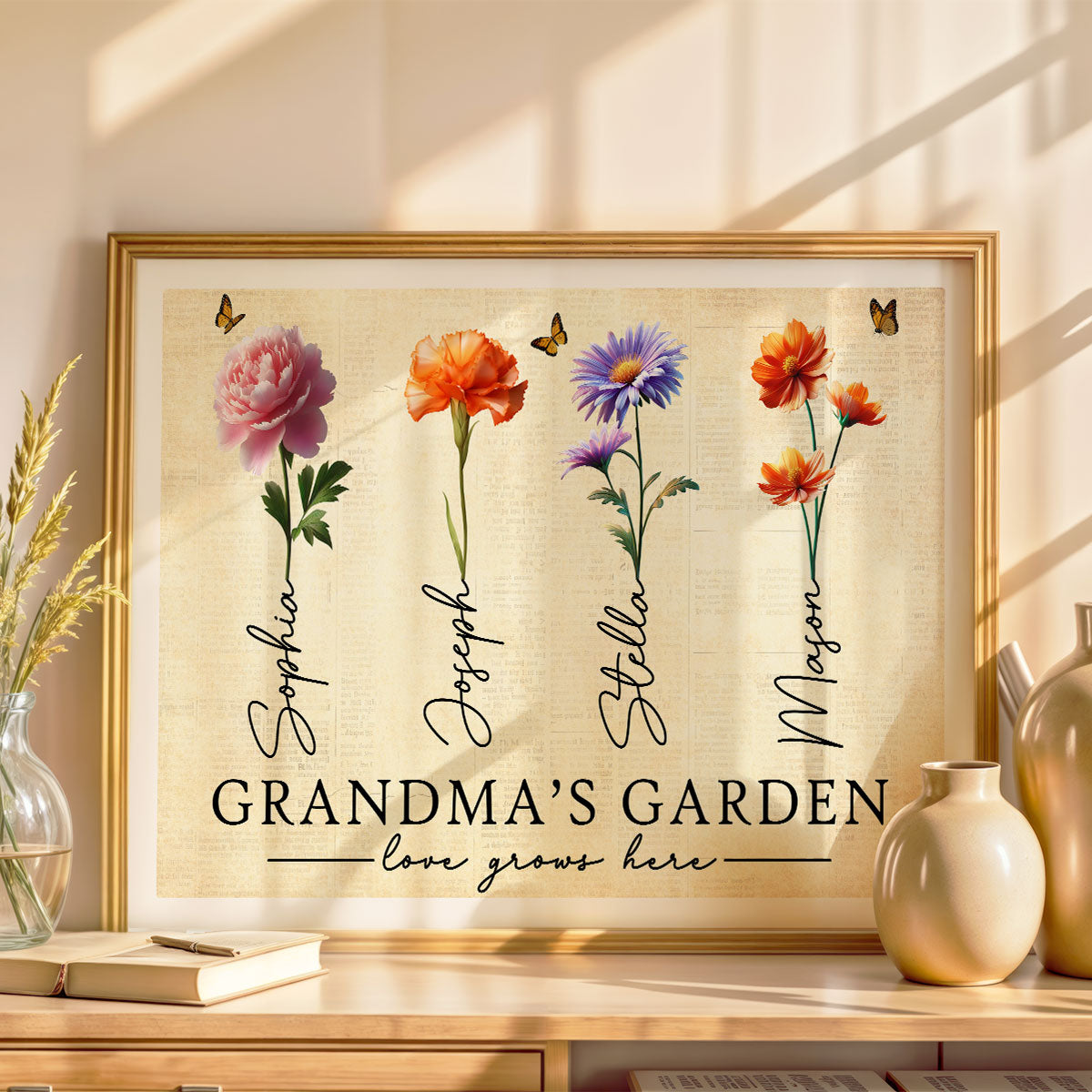 Grandma's Garden 3D Effect Birth Month Flowers Personalized Poster, Birthday Gift For Grandma, Gift or Just Because