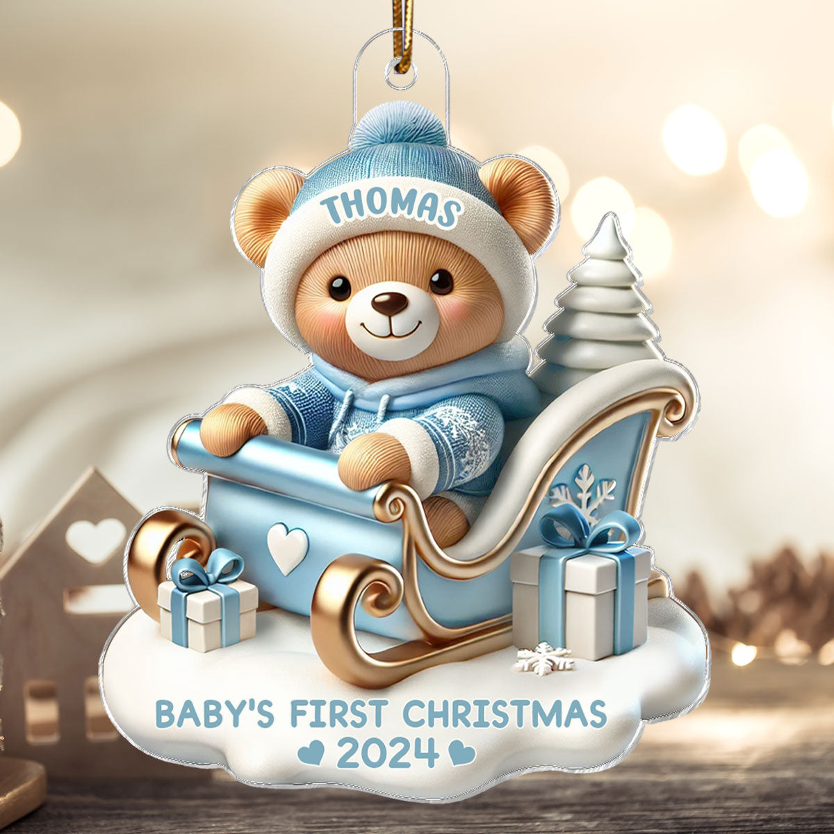 3D Effect Teddy Bear First Christmas Personalized Acrylic Ornament, Christmas Gift For Newborns, New Parents