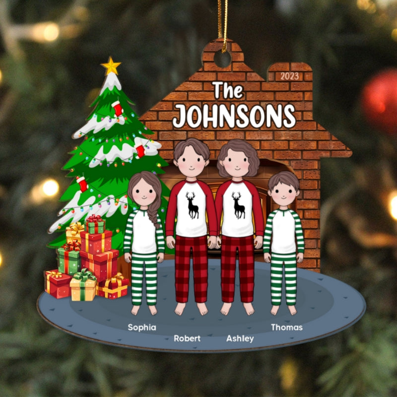 Simple Cartoon Whole Family Dad Mom Kid Dog Cat By Christmas Tree In House Personalized Wooden Ornament