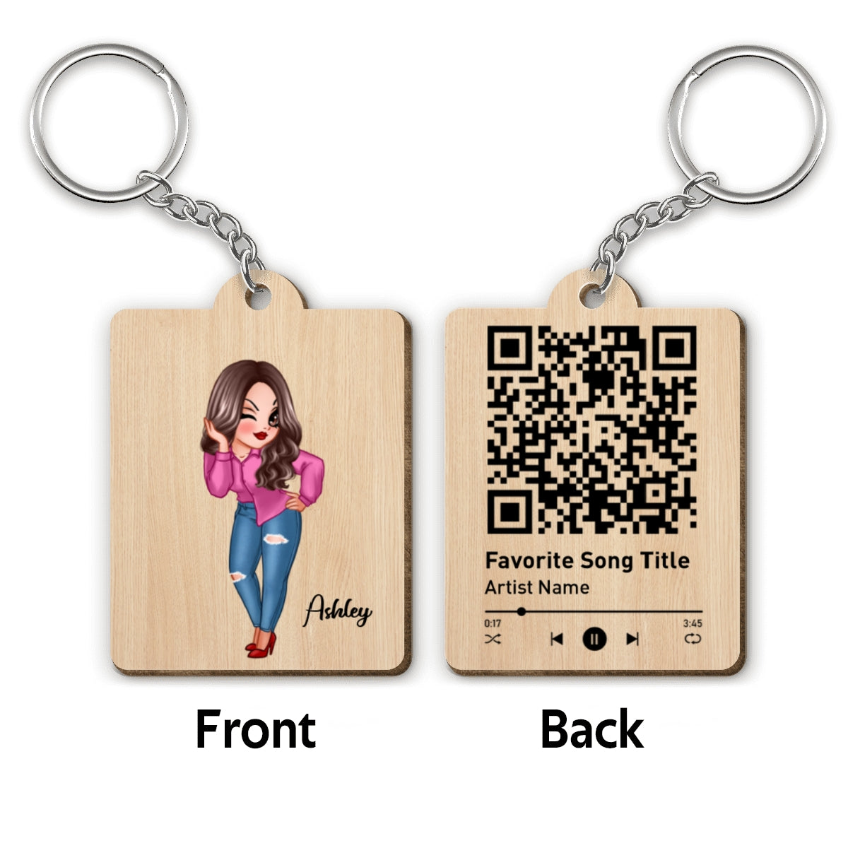 Custom Character Family Members Favorite Song Scannable QR Code Birthday Gift For Family FriendsPersonalized Wooden Keychain