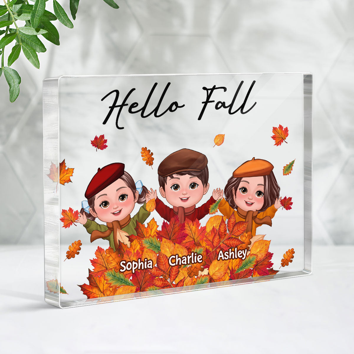 Fall Season Kids Playing In Leaf Pile Personalized Rectangle Acrylic Block Plaque