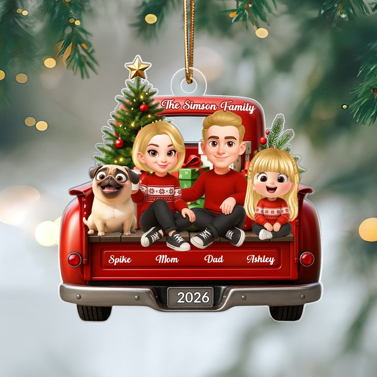 Family Sitting On Christmas Truck Personalized Acrylic Ornament, Christmas Gift for Husband, Wife