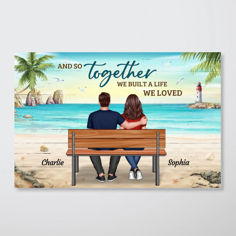 Back View Couple Sitting On Bench At Beach Personalized Horizontal Poster