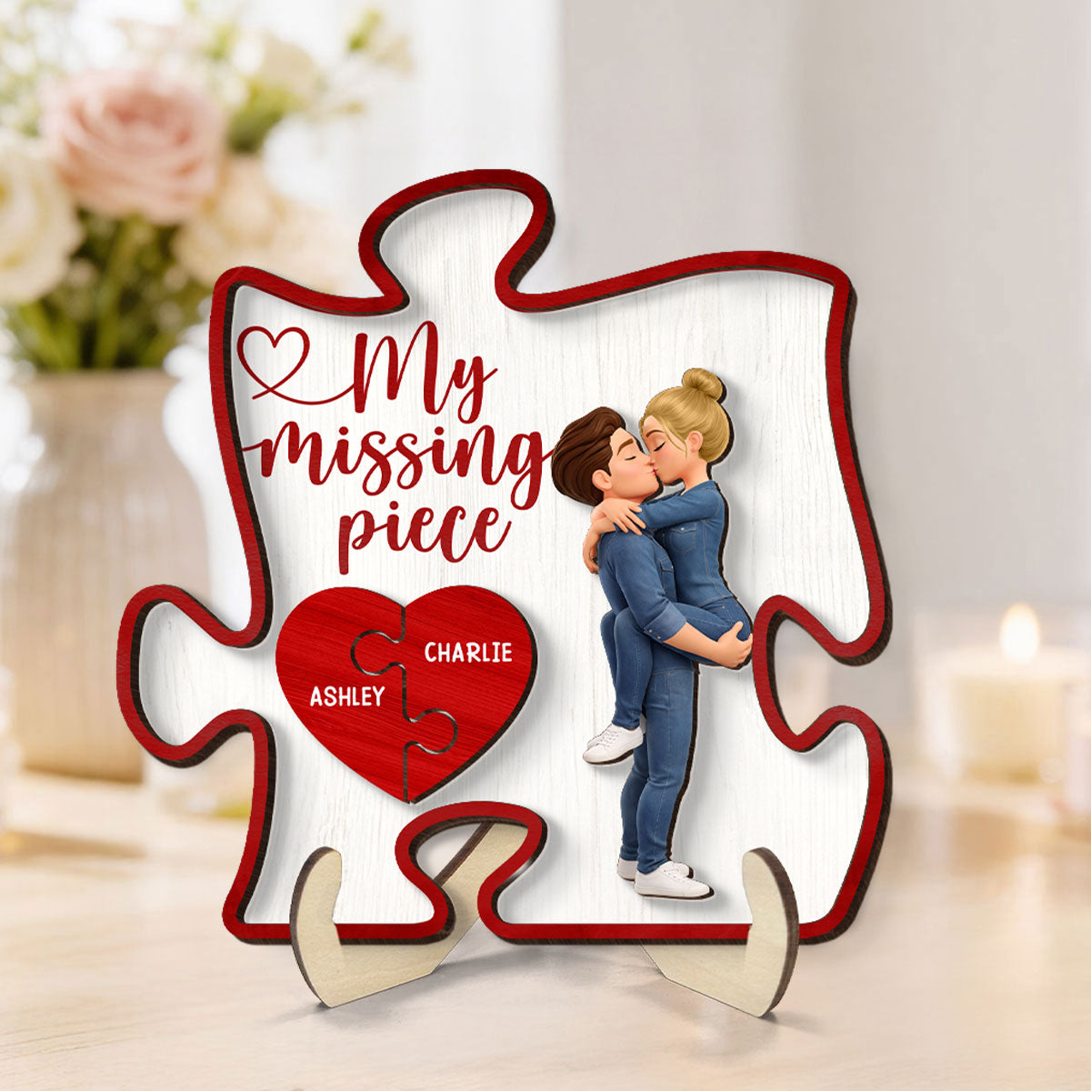 Couple Kissing My Missing Piece Red Puzzle - Personalized 2-Layered Wooden Plaque - Anniversary, Valentine's Day Gift, Gift For Him, Gift For Her