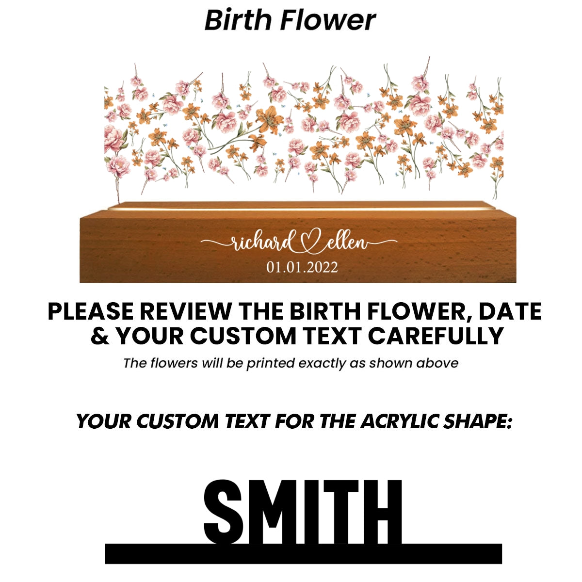 Mr & Mrs Family Name Wedding Anniversary  Gift for her & for him, Custom Flower Printed LED Night Light