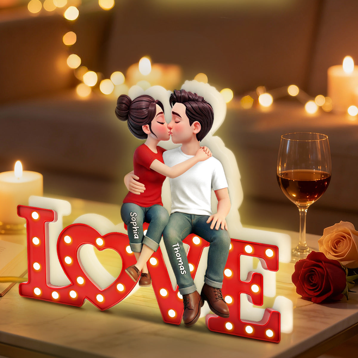 Forever LOVE Couple Sitting Kissing - Personalized Light Box - Valentine's Day Gift For Couple, For Him, For Her