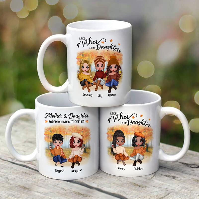 Fall Season Doll Like Mother Like Daughters Sitting Personalized Mug (11oz)