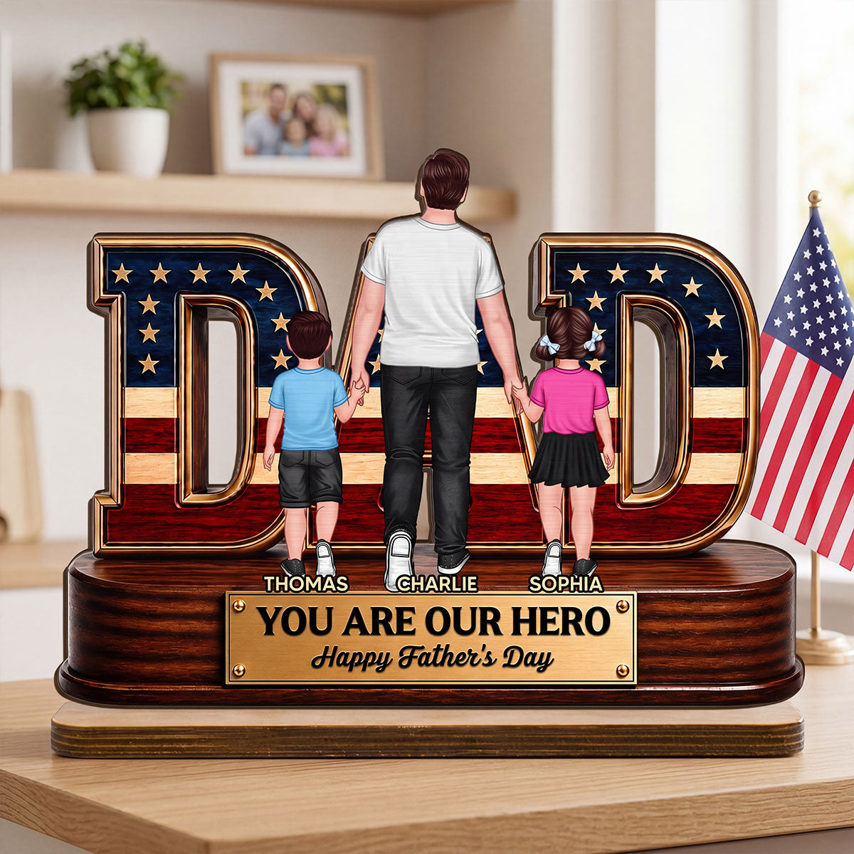Nation Flag Dad And Kids You Are Our Hero - Personalized 2-Layered Wooden Plaque - Father's Day Gift For Dad, Husband