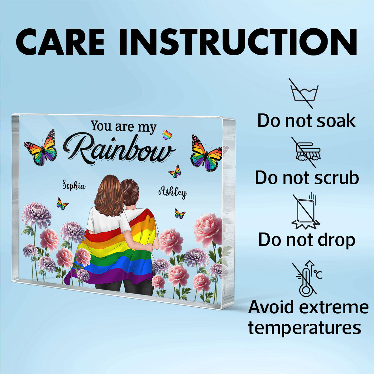 Pride Month LGBT Couple Birth Month Flowers Personalized Rectangle Acrylic Block Plaque, Gift For Couple