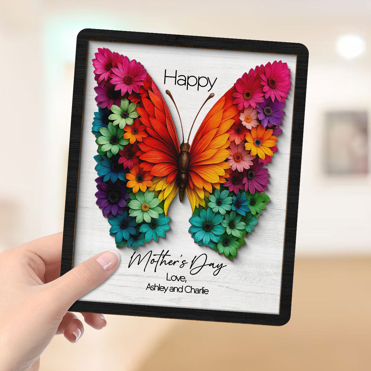 Mother's Day Butterfly Flowery Wings 2D Flat, Personalized 2-Layered Wooden Plaque, Gift for Mom, 3D Effect