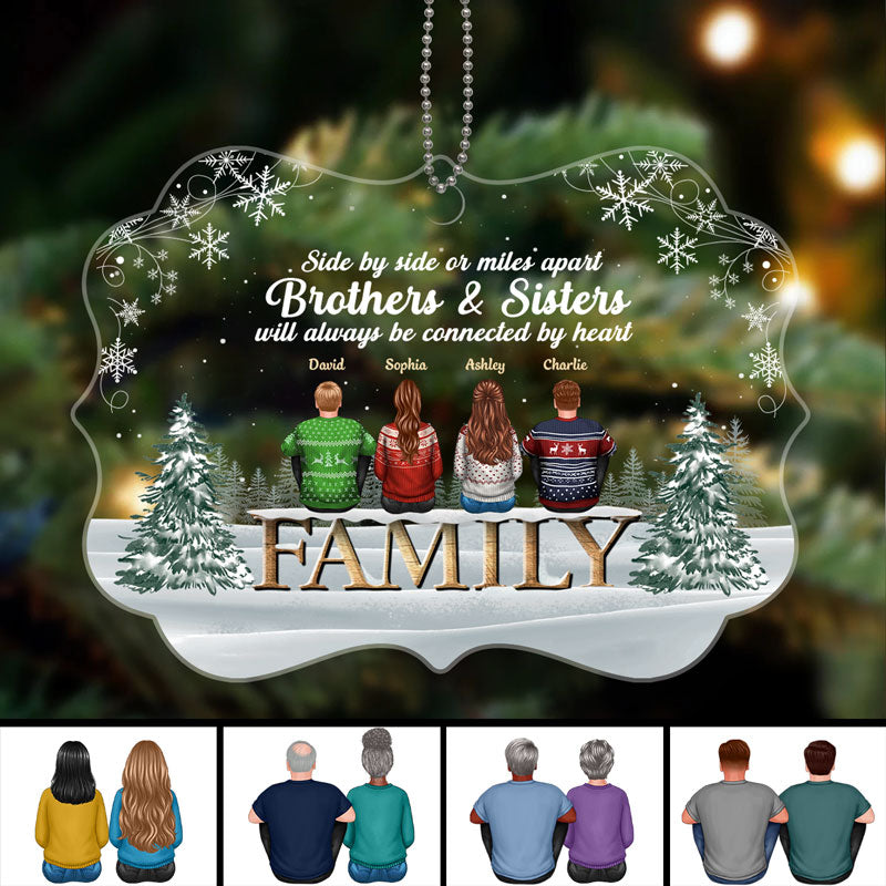 Family Sibling Sister Brother Sitting On Word In Snow Personalized Acrylic Ornament