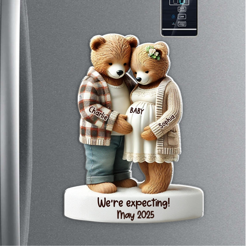 3D Effect Bear Couple Expecting New Baby Pregnancy Announcement Keepsake Personalized Acrylic Fridge Magnet