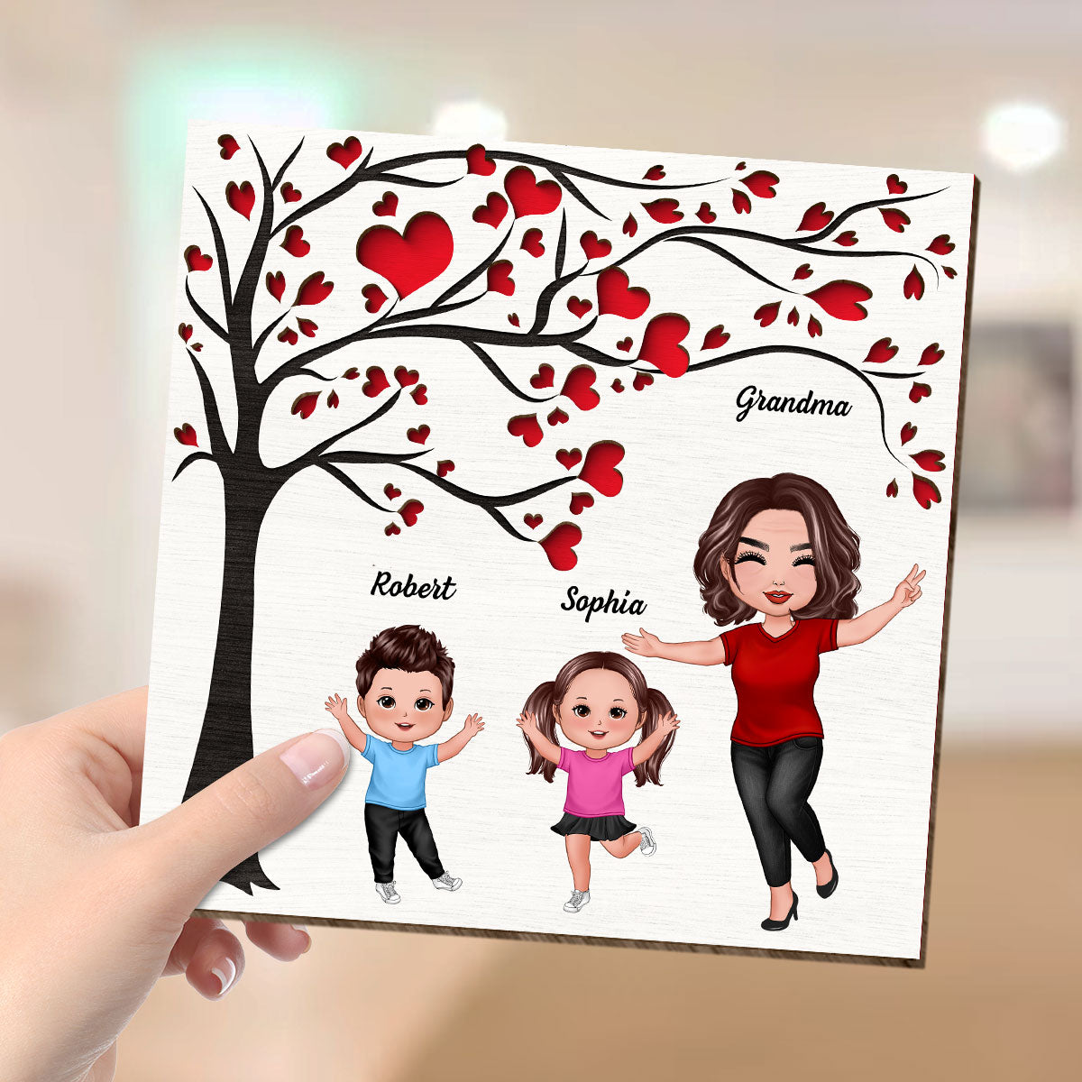 Grandma Grandkids Under Heart Tree Engraved Personalized 2-layer Wooden Plaque