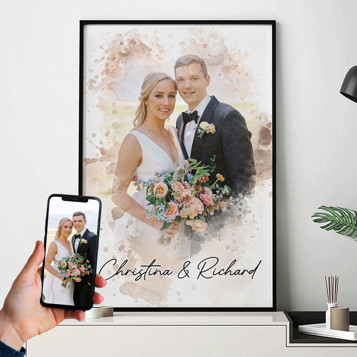 Watercolor Couple Portrait from Photo, Custom Wedding Anniversary Christmas Gift for Wife Husband Parents, Engagement Gift for Friend, Unique Poster Wall Art