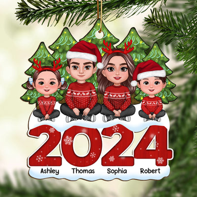 Family Sitting On 2024 Christmas Tree Line Personalized Wooden Ornament