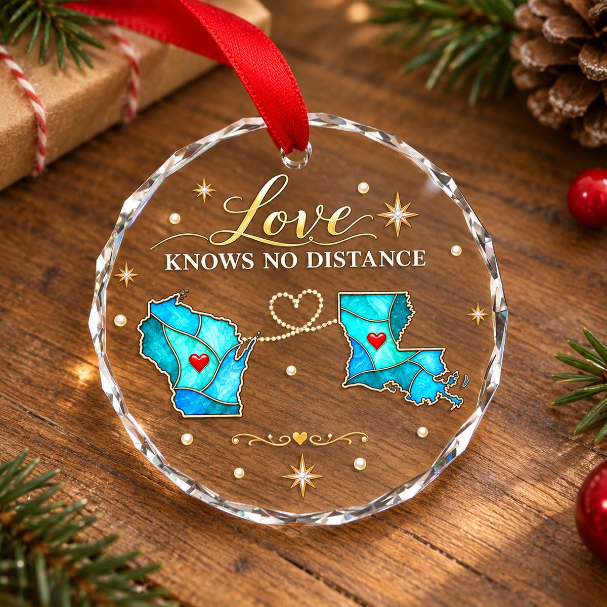 Love Knows No Distance Custom Blue State Maps - Personalized Glass Ornament - Christmas Long Distance Gift For Family, Friends