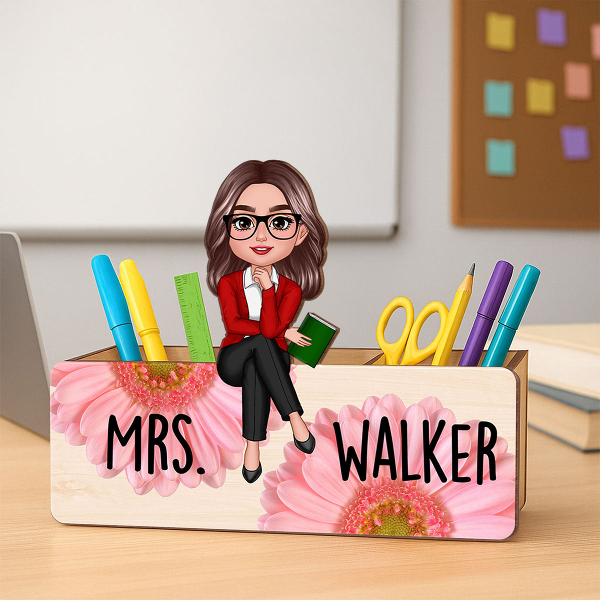 Teacher Daisy Flower Personalized Pencil Holder, 2-Layer Wooden Plaque, Back To School Gift, Classroom Decor