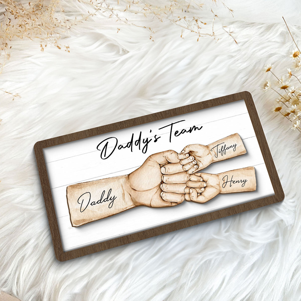 Daddy's Team Fist Bump Personalized 2-Layer Wooden Plaque, Unique Father's Day Gift for Dad, Gift for Husband