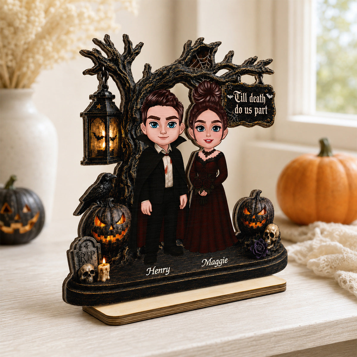 Couple Standing Under Spooky Halloween Tree 2D Flat - Personalized 2-Layer Wooden Plaque - Tabletop Tier Tray Wicca Pagan Decor