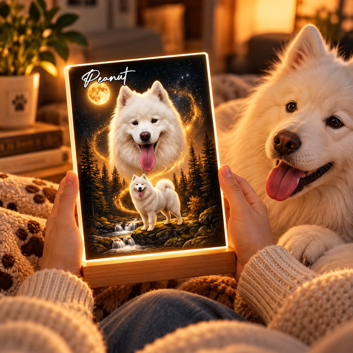 Dog Howling to the Moon - Personalized Acrylic Plaque LED Night Light - Gift for Dog, Cat Lovers, Pet Memorial Gift