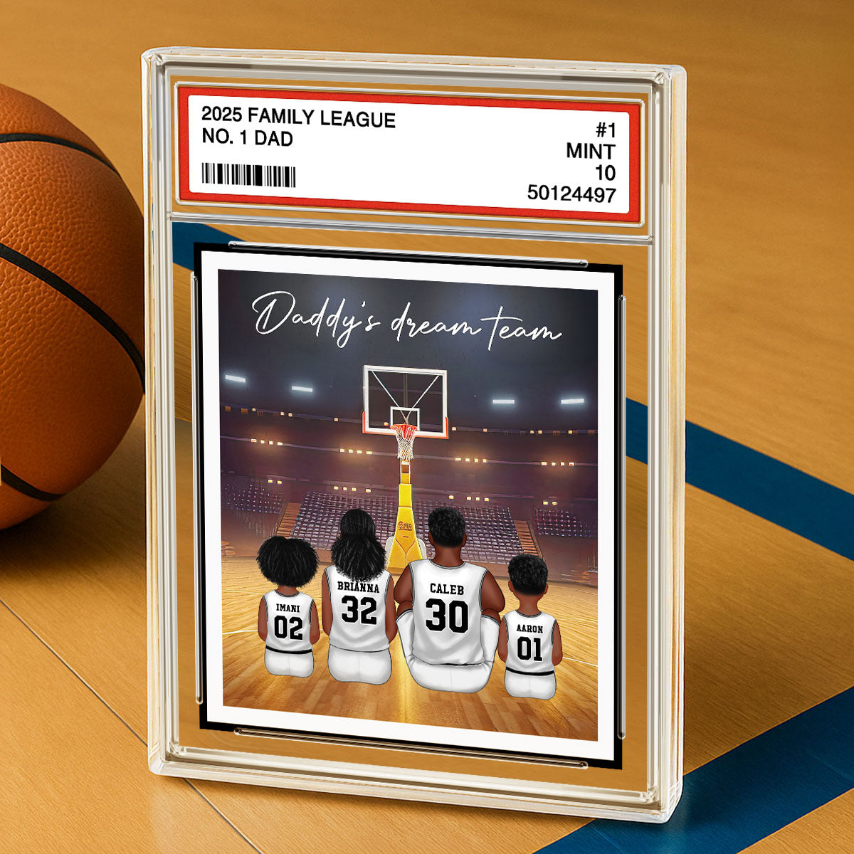 Basketball Daddy's Dream Team No. 1 Dad Man & Kids Sitting Trading Card Style Personalized Acrylic Block Plaque
