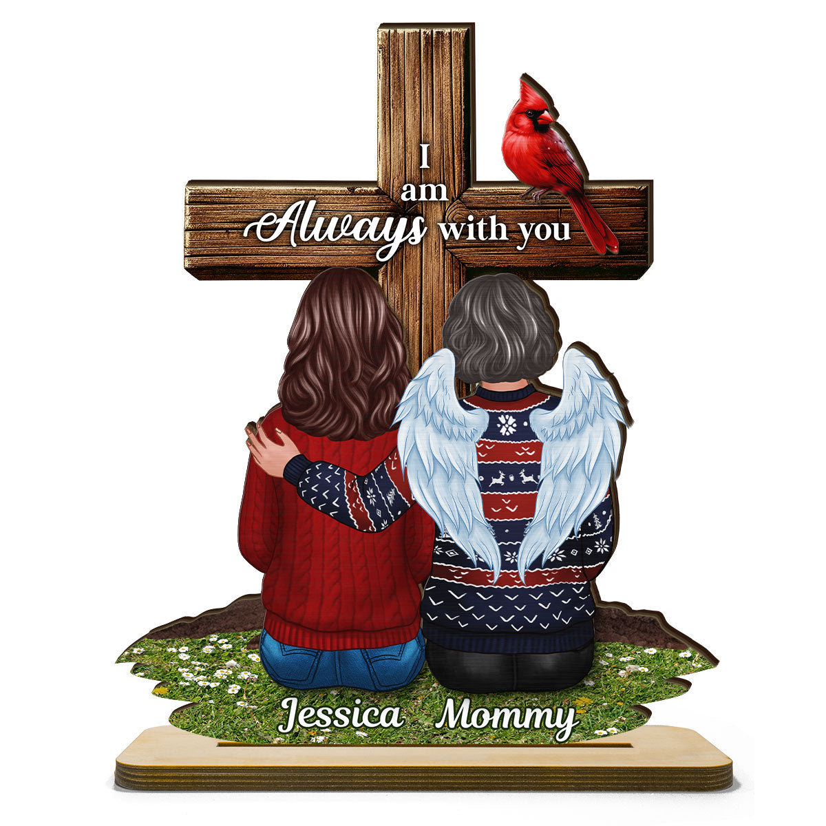 Always With You Family Memorial Remembrance Keepsake Cross Personalized 2-Layer Standing Wooden Plaque