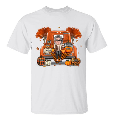 Grandma Mom Sitting On Orange Pumpkins Truck Fall Season Personalized Shirt