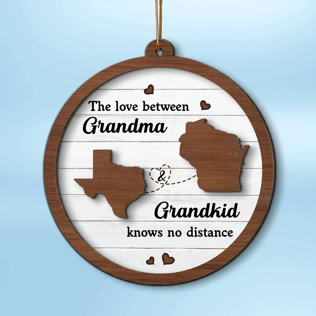 Grandkids Long Distance State Map Personalized 2-Layer Wooden Ornament, Christmas Gift For Grandma