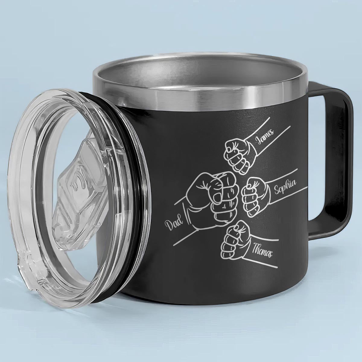 Dad & Kids Fist Bumps Outline Personalized Stainless Steel Tumbler With Handle, Father's Day Gift