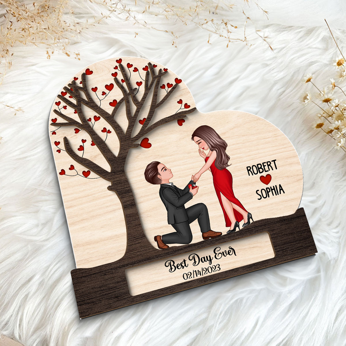 Proposal Couple Under Heart Tree Personalized 2-layer Wooden Plaque