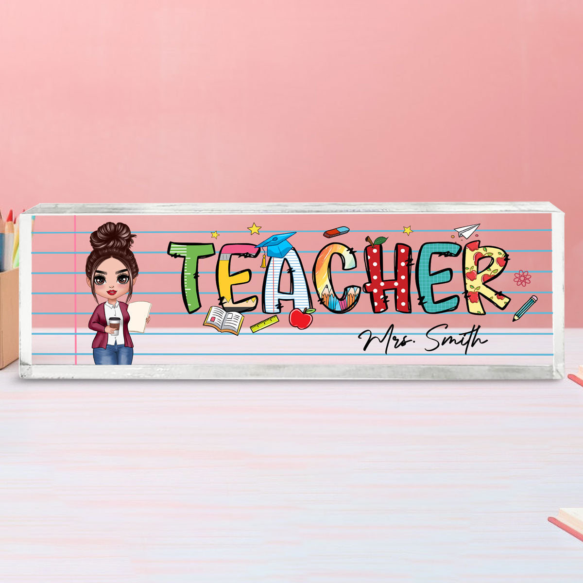 Teacher Beautiful Patterned Personalized Acrylic Desk Name Plate, Gift For Teacher, Office Decor