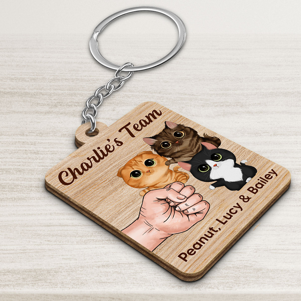 Cat Dad‘s Team Watercolor Cute Cats Personalized Wooden Keychain