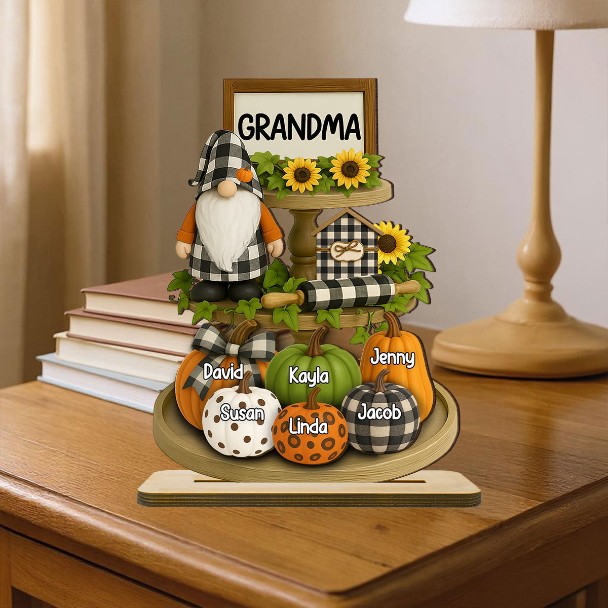 Grandma Mom Fall Season Tiered Tray 3D Effect Personalized Standing Wooden Plaque