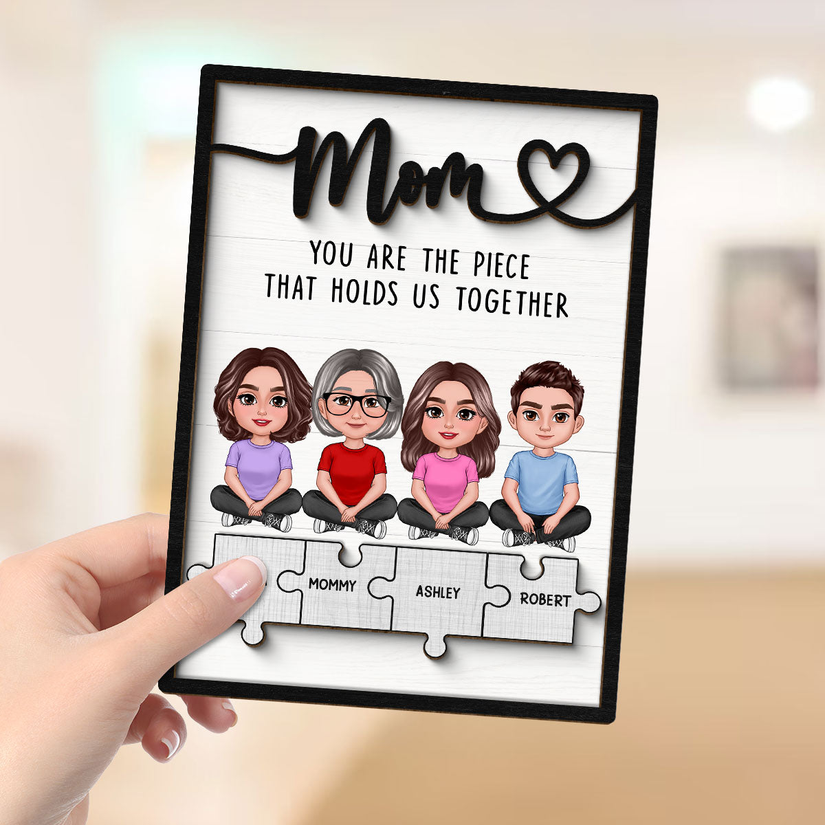 Mom Grandma Kids Crossed Legs Piece Holds Us Together Personalized 2-layer Wooden Plaque