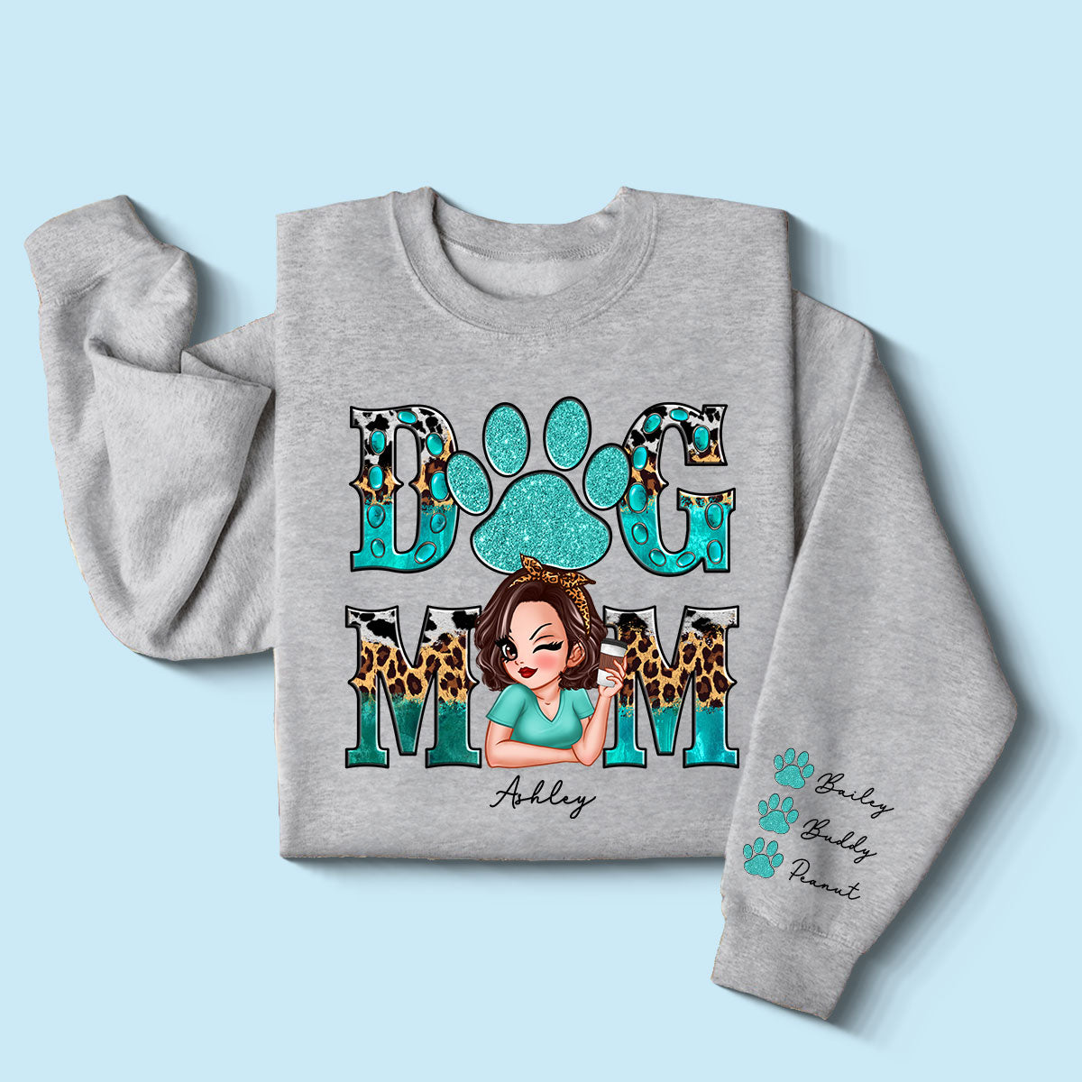Teal And Leopard Dog Mom Gift For Dog Lovers Personalized Sleeve Printed Sweatshirt