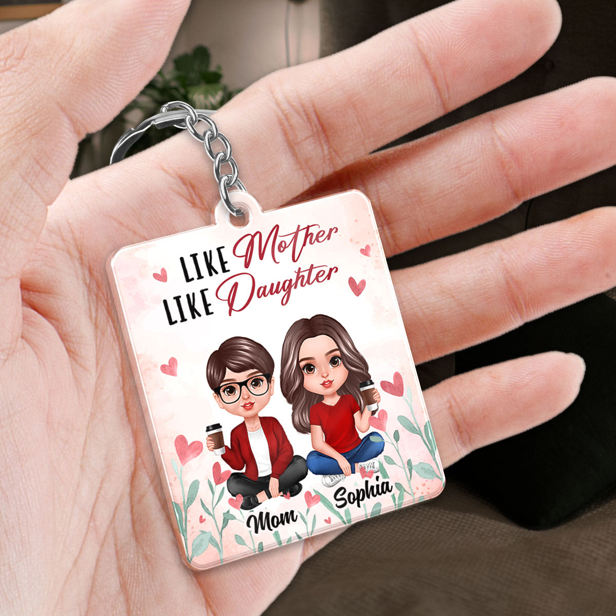 Realistic Mother Daughter Sitting Heart Flower Calendar Date Personalized Wooden Keychain