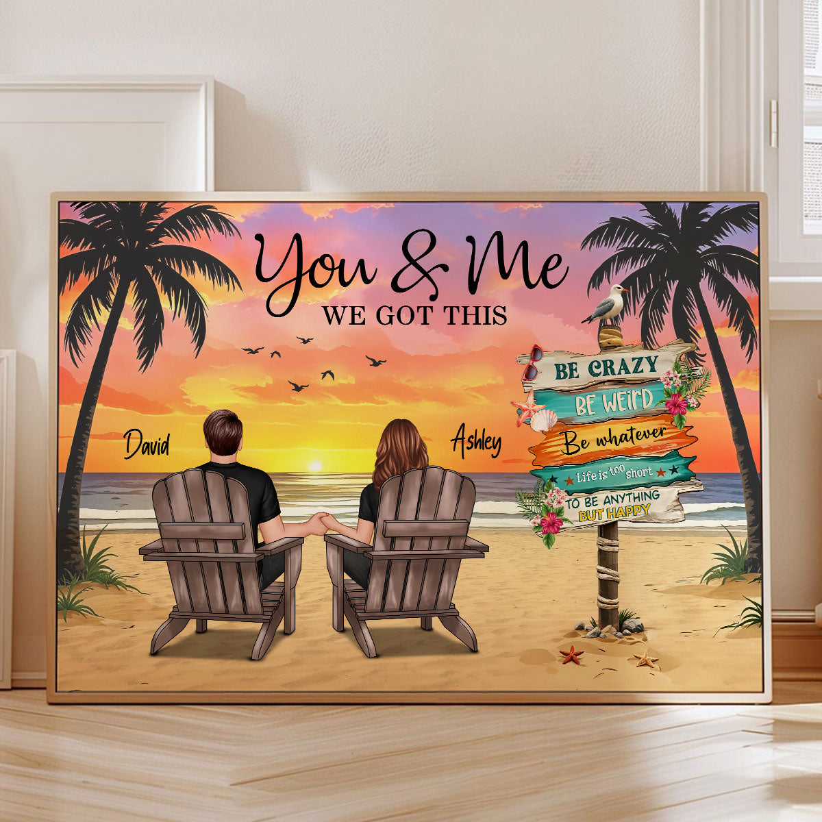 Couple Beach Landscape Sign Post Sunset Summer Vibe Personalized Poster, Gift For Him, For Her