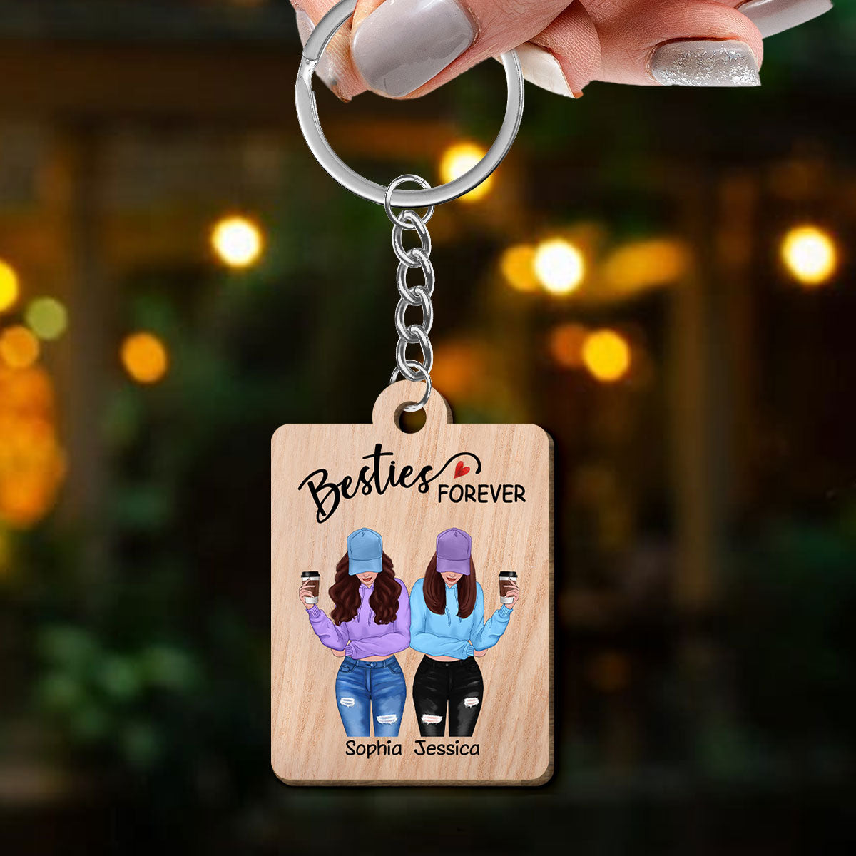 Besties Forever Front View Besties Personalized Wooden Keychain