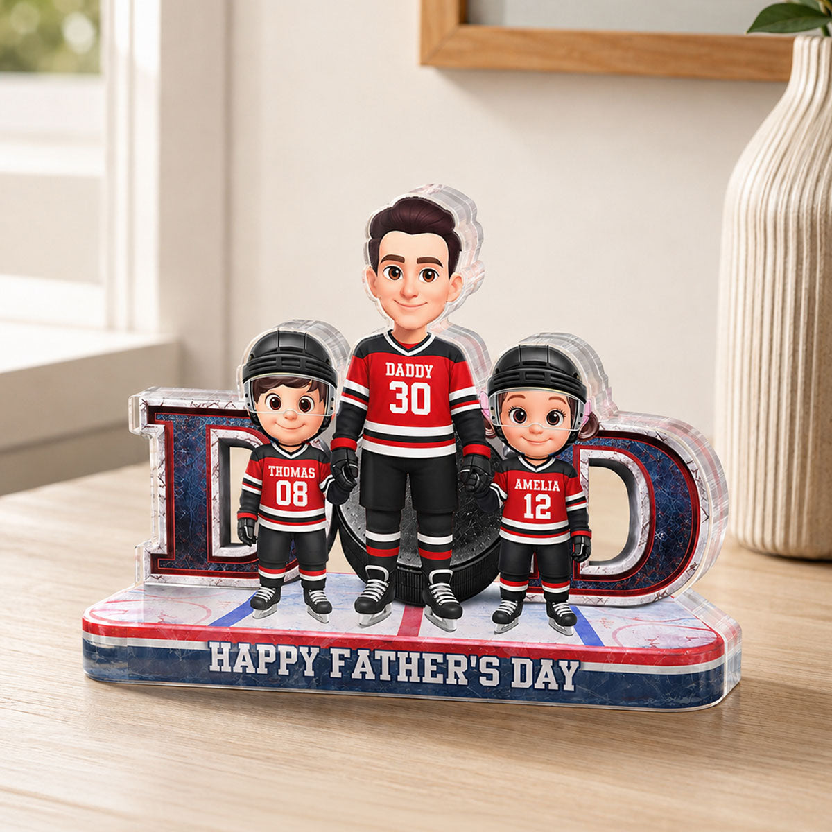 Hockey Dad And Kids Together Front View - Personalized Acrylic Block Plaque - Father's Day Gift For Dad, Husband