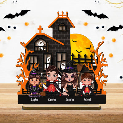 Halloween Family Sitting Haunted House Personalized 2-Layer Standing Wooden Plaque